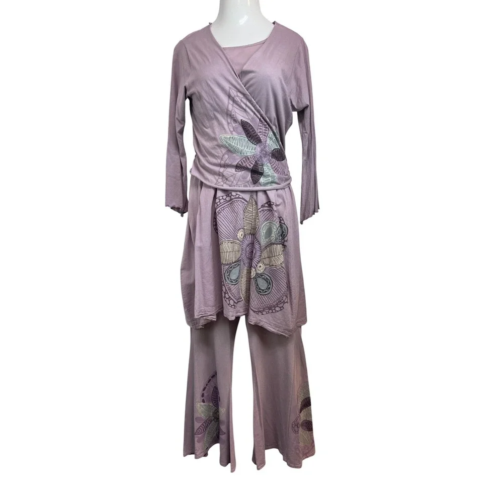 Bluefish 3 Piece Set Women‎ Size 1 Purple Excellent Floral Wrap Top Tunic Pants